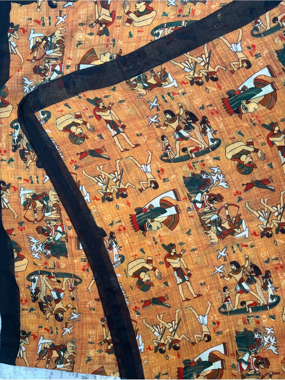 Pareo Scarf, 45”x63” Orange Brown Black Egyptian Motif Sheer Lightweight